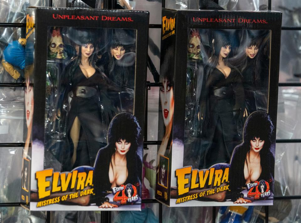 Figures of horror icon Elvira at The Toy Pit, Indianapolis, Wednesday, April 27, 2022, which has moved into an expanded location. 