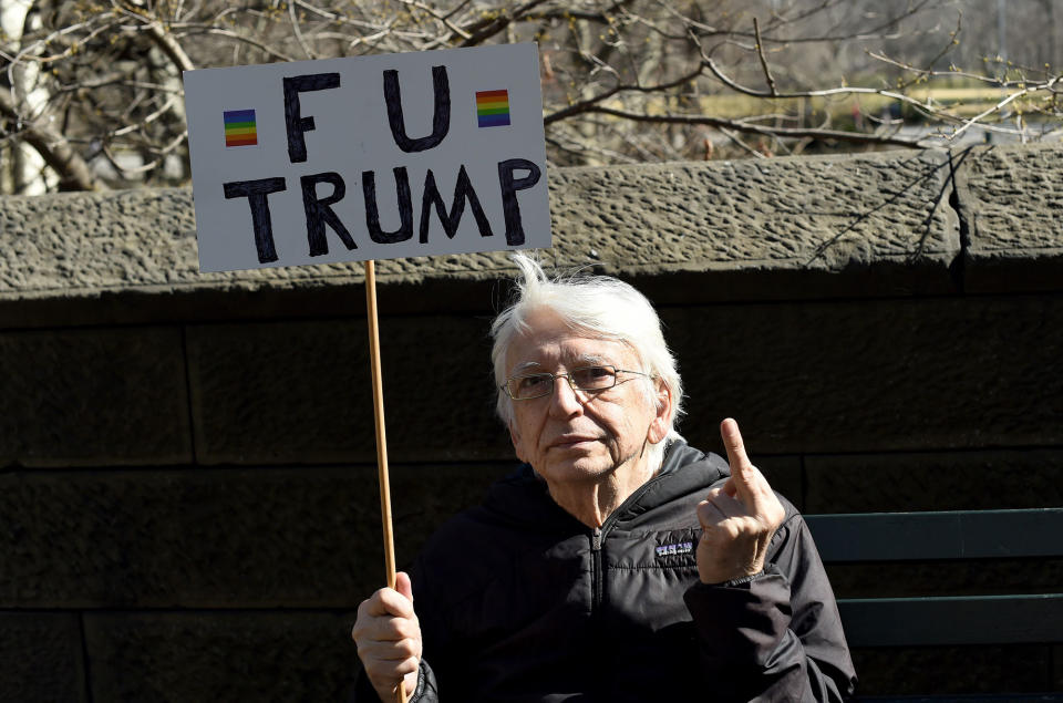 <p>Protesters march near Central Park West in New York City during a “Not My President’s Day” rally on Feb. 20, 2017, as part of a protest against President Trump. (Timothy A. Clary/AFP/Getty Images) </p>