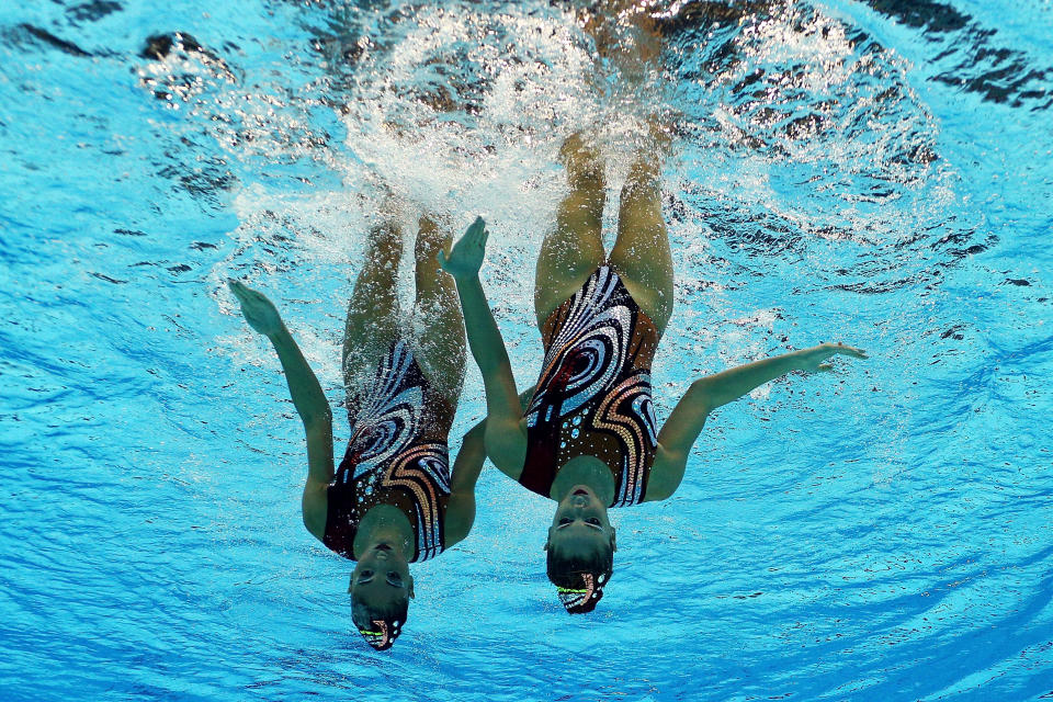 Evangelia Platanioti and Desponia Solomou of Greece compete in the Women's Duets Synchronised Swimming Free Routine Final on Day 11 of the London 2012 Olympic Games at the Aquatics Centre on August 7, 2012 in London, England. (Photo by Clive Rose/Getty Images)