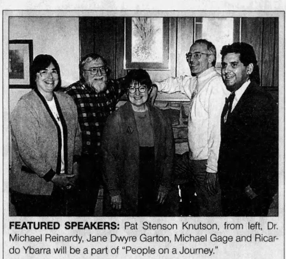 In this archived photo from Jan. 3, 1998, Jane Dwyre Garton (center) is pictured with other speakers at a series at St. Bernard Catholic Church. Colleages and friends remember Dwyre Garton, who died Nov. 24, 2023 for her service to the community.