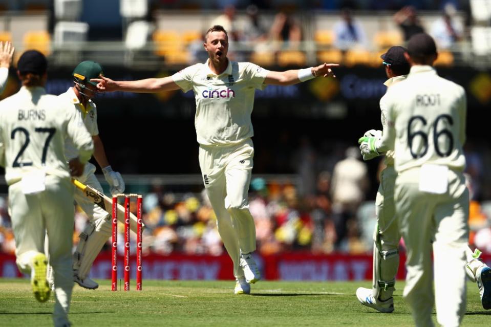 Ollie Robinson celebrates the wicket of Marcus Harris (Getty Images)