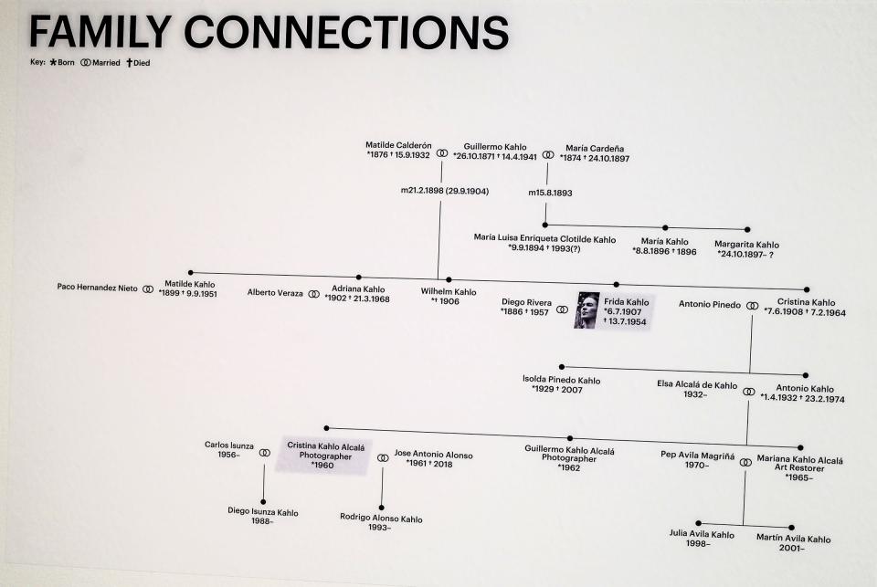 A family tree and timeline of Frida Kahlo on display at the Broad Museum Tuesday, June 21, 2022.