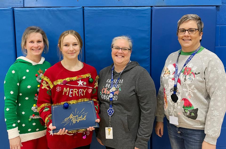 Billie Jo Shehorn, second from left, was named Student of the Month for December at Cornell Grade School. Teachers Karen Austin, left, Leslie Coughlin and Kendra Nelson. made Shehorn's nomination.