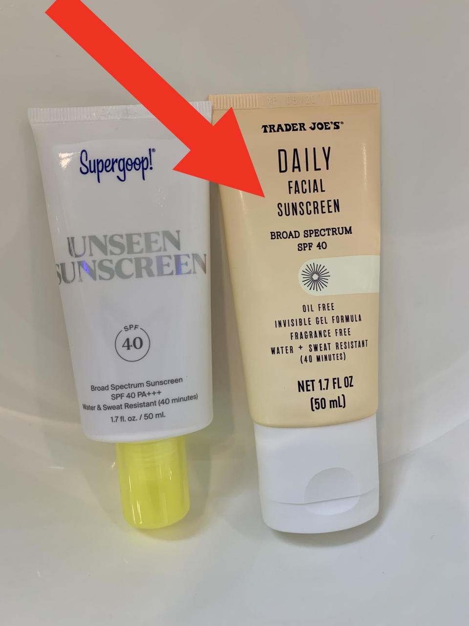 Trader Joe's sunscreen and Supergoop side by side