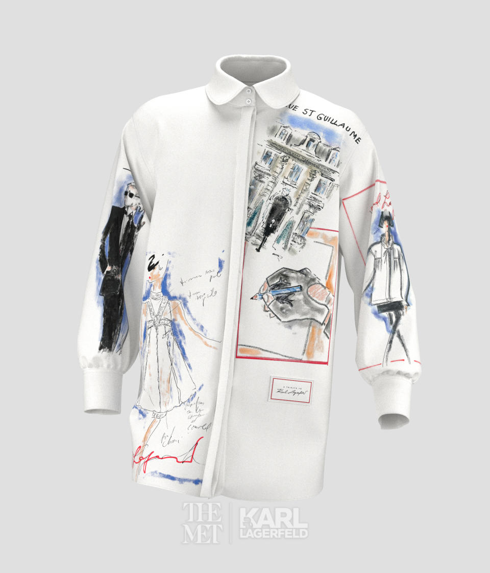 A white shirt by Karl Lagerfeld, adorned with his sketches.