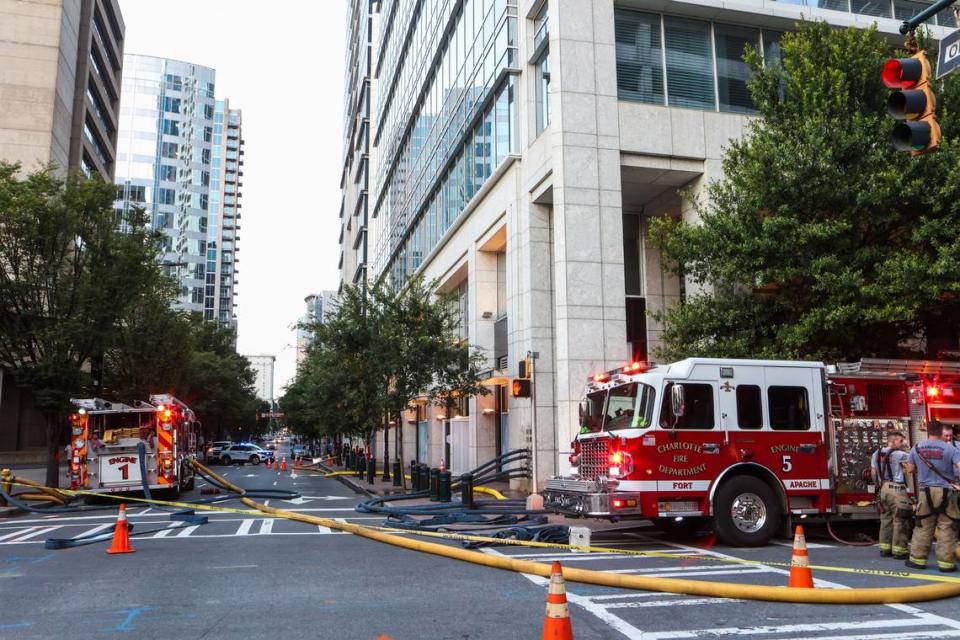 The Charlotte fire department responded to a smoke alarm going off at a Wells Fargo tower, which was formerly the Duke Energy Center, in uptown on Monday, July 10, 2023.