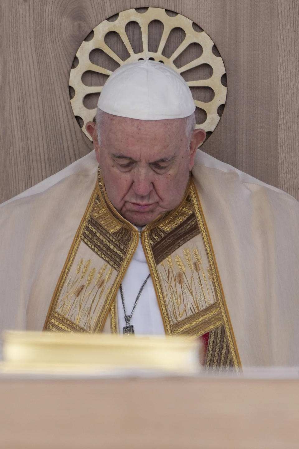 Pope Francis celebrates mass on the occasion of the 27th national Eucharistic congress, in Matera, southern Italy, Sunday, Sept. 25, 2022. (AP Photo/Andrew Medichini)