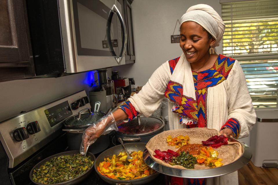 Eskedar Asefaw prepares Ethiopian food served on Injera Bread in her Pensacola home Saturday, March 16, 2024.