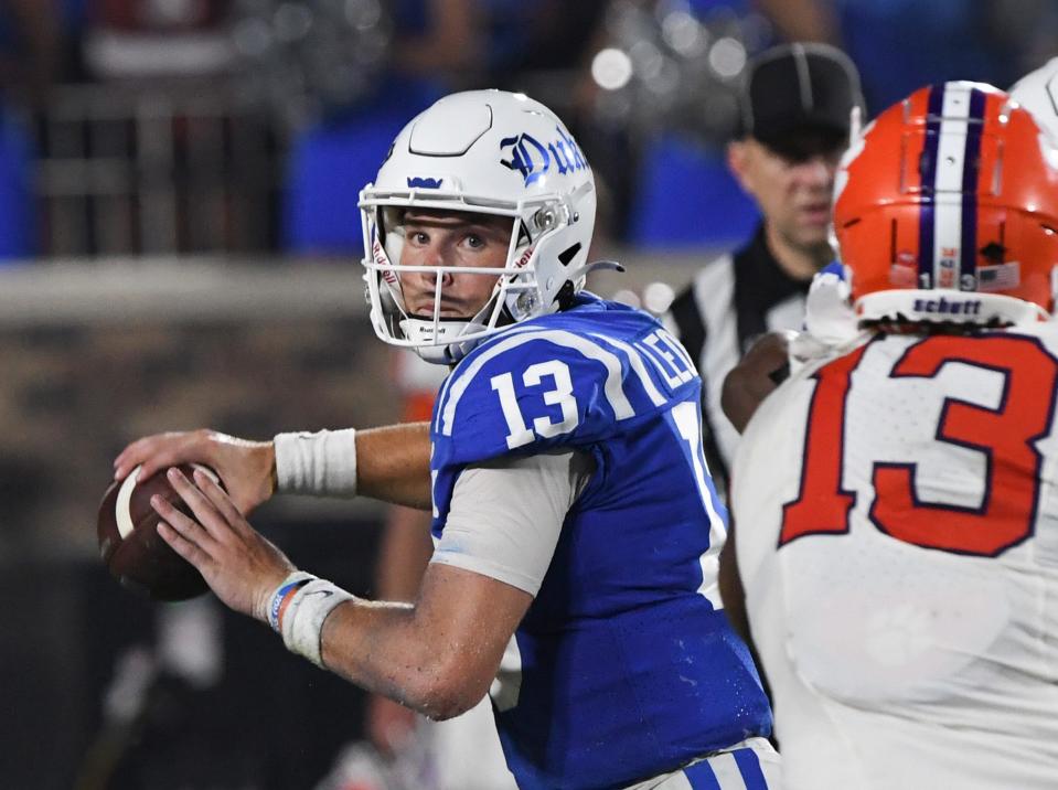 Duke Blue Devils quarterback Riley Leonard (13) passes during the second quarter against the Clemson Tigers at Wallace Wade Stadium in Durham, N.C.