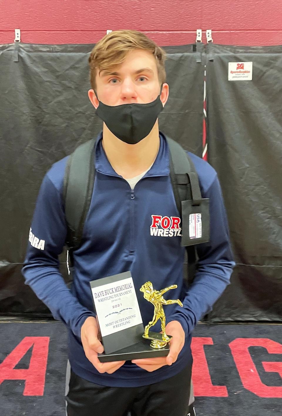 Tyler Ferrara was named Most Outstanding Wrestler at the Dave Buck Memorial Wrestling Tournament after finishing first in the 126-pound weight class Dec. 11, 2021 at Elmira High School.
