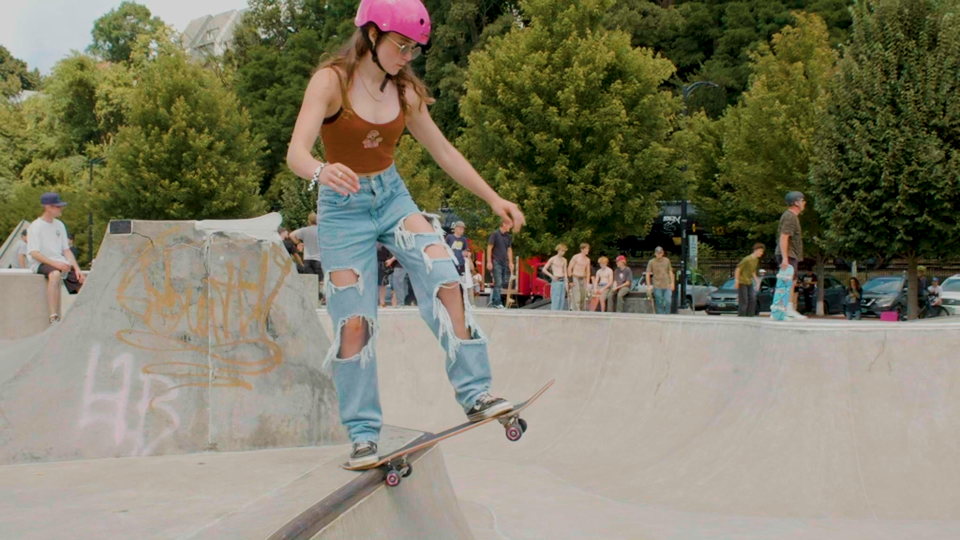 A skater prepares to descend into the bowl at the Andy "A_Dog" Williams skatepark in Burlington on A_Dog Day, Aug. 26, 2023.