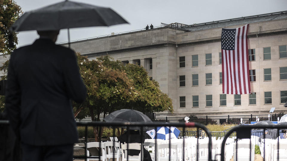 The American flag is unfurled on the side of the Pentagon to commemorate the anniversary of the 9/11 terror attacks, September 11, 2022 in Arlington, Virginia.  / Credit: Oliver Contreras/for The Washington Post via Getty Images