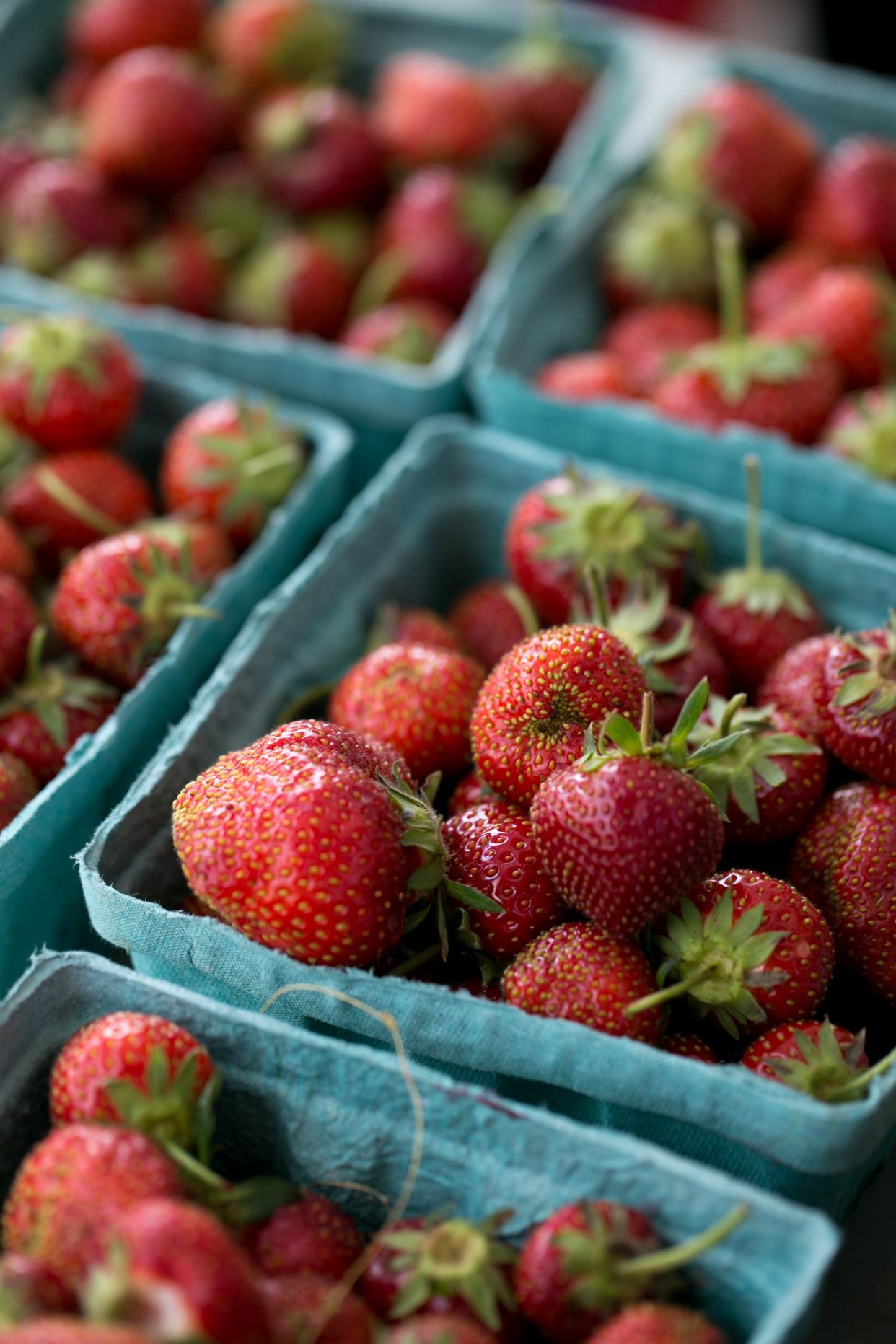 Strawberries for sale at the Jeffersonville Farmers Market in Jeffersonville, Ind. May 30, 2015.