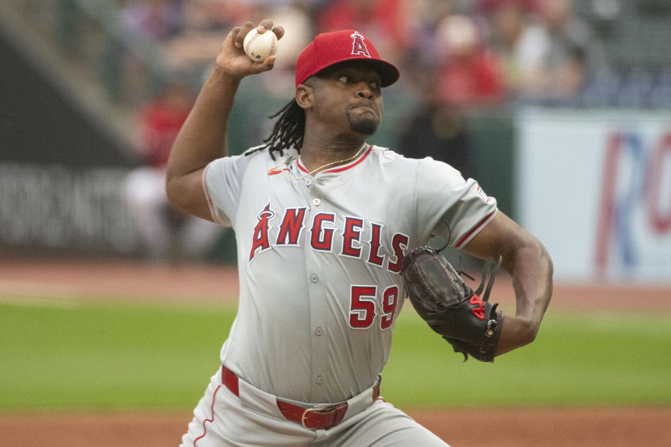 Los Angeles Angels starting pitcher Jose Soriano (59) delivers against the Cleveland Guardians during the first inning of a baseball game in Cleveland Friday, May. 3, 2024. (AP Photo/Phil Long)