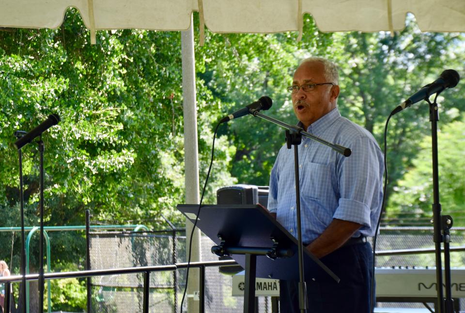 Vice Mayor Ophie Kier speaks about Staunton history during the city's third annual Juneteenth celebration on June 22, 2019.