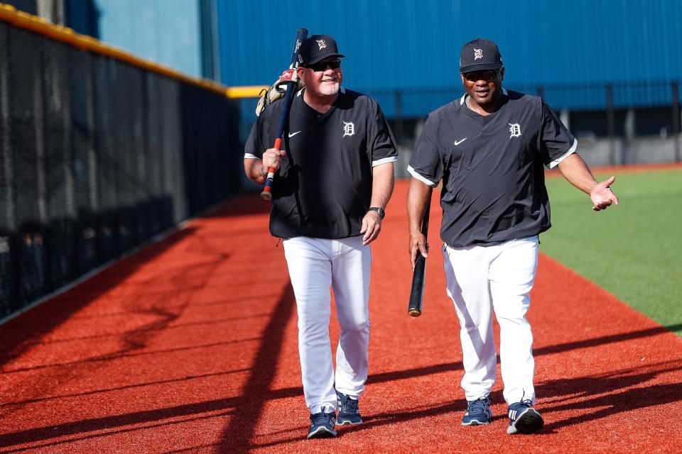 Manager Ron Gardenhire, left, talks to bench coach Lloyd McClendon during Detroit Tigers spring training at TigerTown in Lakeland, Fla., Tuesday, Feb. 18, 2020.