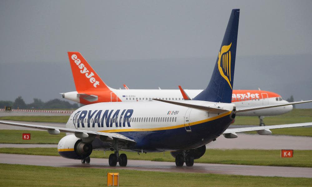 Ryanair and easyJet aircraft at Manchester airport.