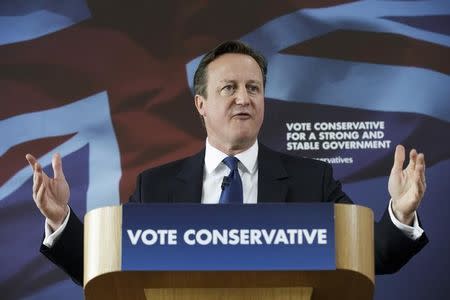 Britain's Prime Minister David Cameron delivers a speech during an election visit to the Ambleside Sports Club in Nuneaton, Britain May 3, 2015. REUTERS/Tim Ireland/pool