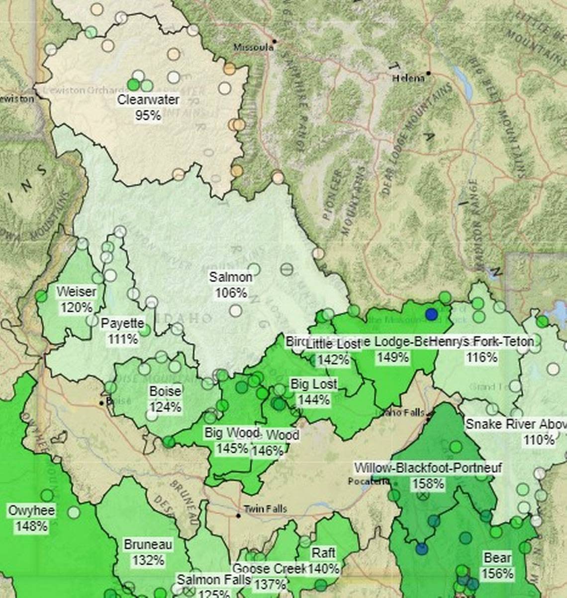 Snowpack levels in Idaho’s watersheds show above-normal levels in all but the most northern portions of the state.