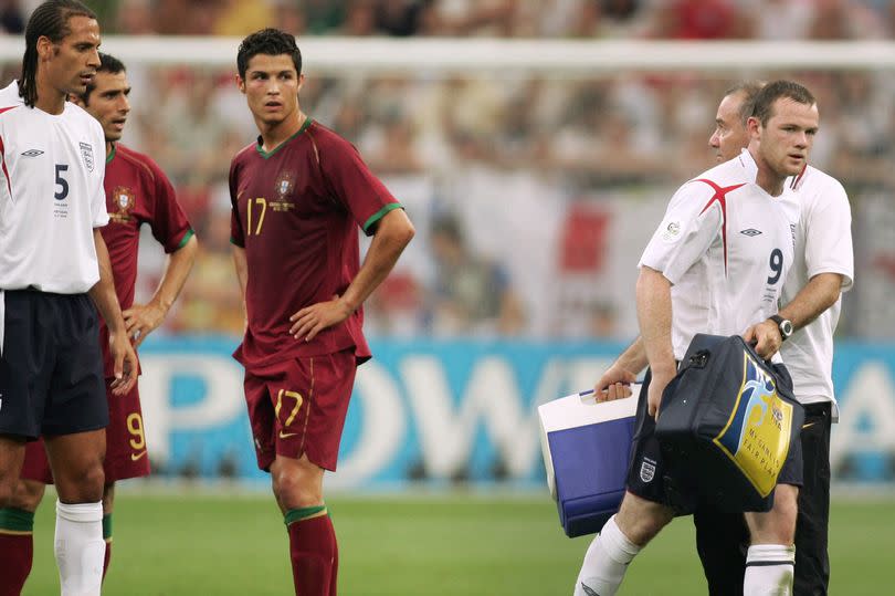 Cristiano Ronaldo watches on as Wayne Rooney leaves the pitch after being sent off in the 2006 World Cup quarter-final between England and Portugal