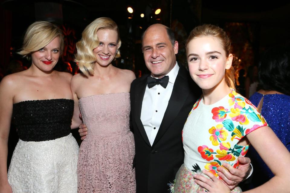 IMAGE DISTRIBUTED FOR AMC - From left, Elisabeth Moss, January Jones, producer Matthew Weiner and Kiernan Shipka attend the AMC, IFC, Sundance Channel Emmy After Party, on Sunday, September 22, 2013 in West Hollywood, Calif. (Photo by Alexandra Wyman/Invision for AMC/AP Images)