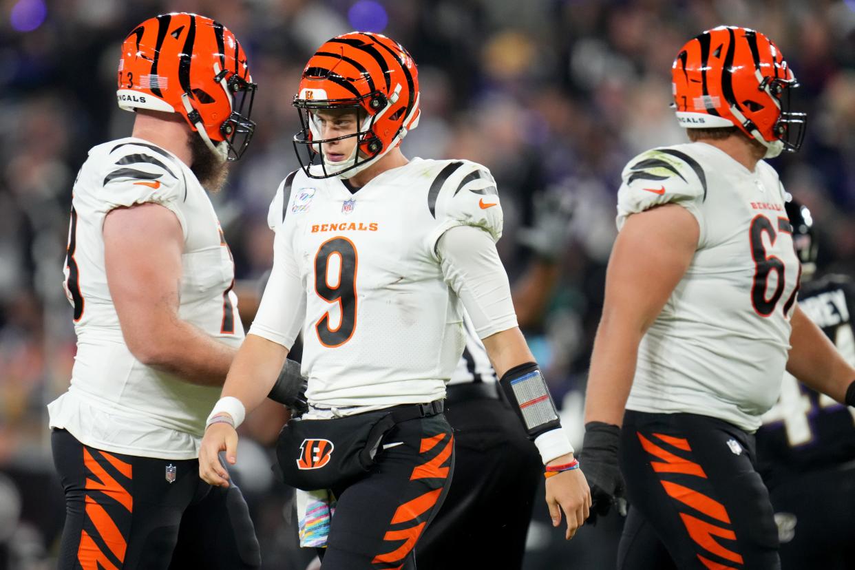Cincinnati Bengals quarterback Joe Burrow (9) looks toward the sideline after a sack in the second quarter during an NFL Week 5 game against the Baltimore Ravens, Sunday, Oct. 9, 2022, at M&T Bank Stadium in Baltimore.