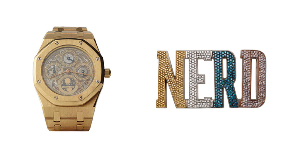 Pharrell’s Audemars Piguet Royal Oak Skeleton Perpetual Calendar and Jacob & Co. custom N.E.R.D brain pendant on Joopiter