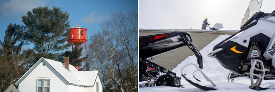 LEFT: The town of Newberry in Michigan's Upper Peninsula. RIGHT: A man shovels snow off a roof in a business in Michigan's Upper Peninsula. Heavy snowfalls bring recreational snowmobilers to the remote U.P.