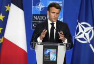 French President Emmanuel Macron speaks during a media conference at the end of a NATO summit in Brussels, Monday, June 14, 2021. (AP Photo/Francois Mori)