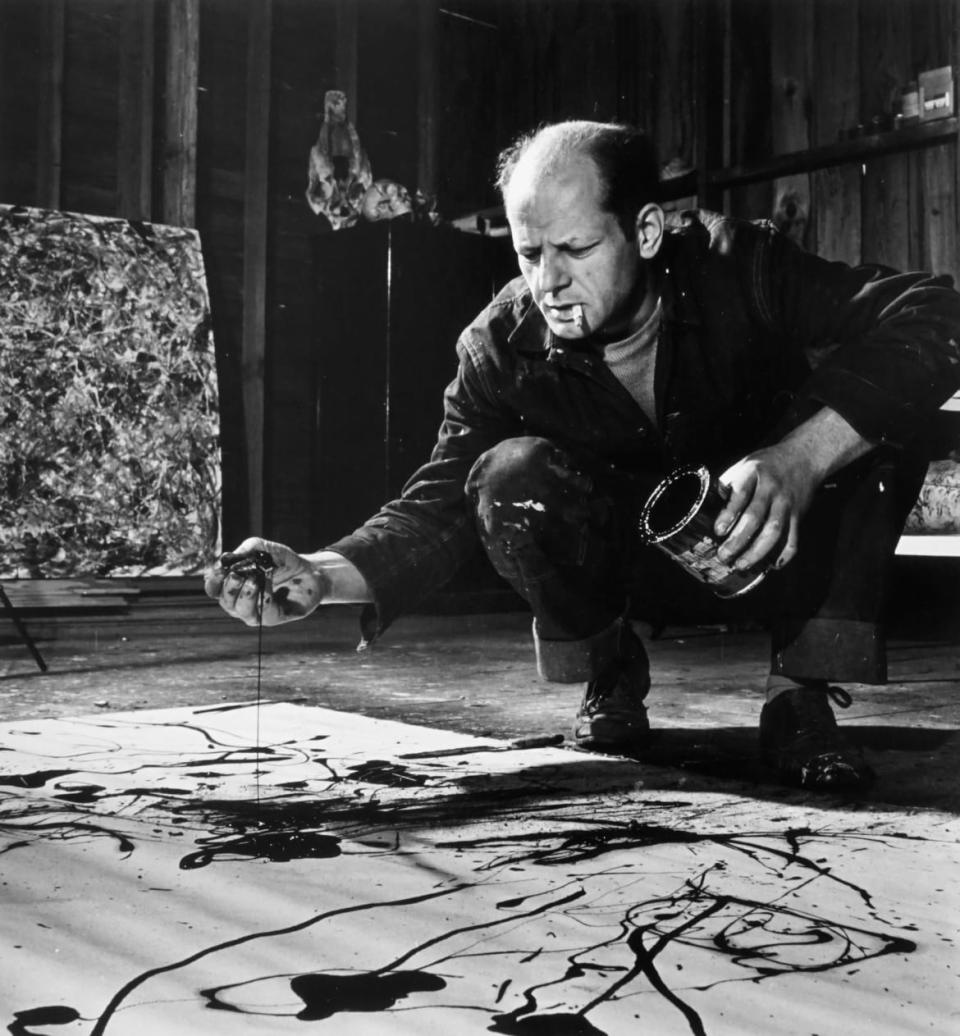 <div class="inline-image__caption"><p>Jackson Pollock painting in his studio, Springs, Long Island, N.Y., 1949.</p></div> <div class="inline-image__credit">Martha Holmes/Courtesy Peter Fetterman Gallery</div>