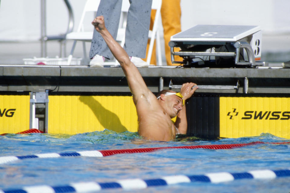 Los Angeles, CA - 1984: Rowdy Gaines, Men's swimming 100 metre freestyle competition, McDonald's Olympic Swim Stadium, at the 1984 Summer Olympics, July 31, 1984. (Photo by Ken Regan /Walt Disney Television via Getty Images)