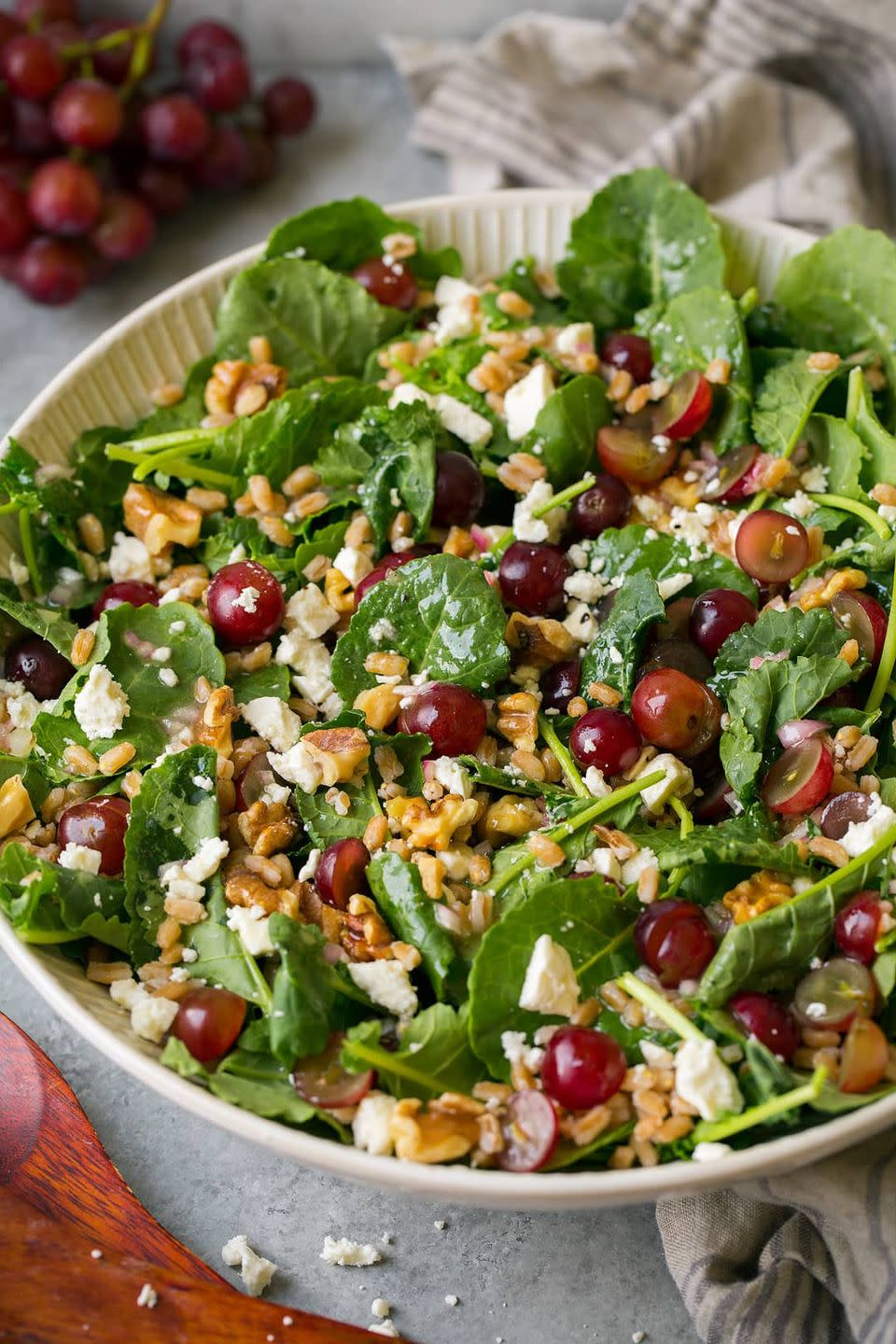 Farro and Kale Salad With Grapes, Feta, and White Wine Vinaigrette