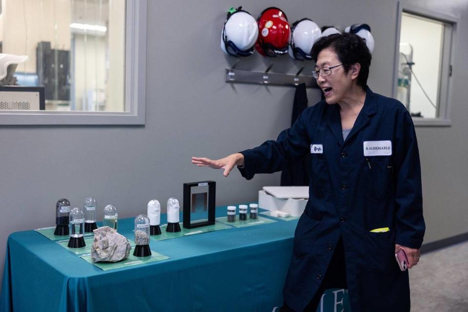 A scientist talks about lithium in the research and development labs at Albemarle’s Kings Mountain lithium mine site in Kings Mountain, N.C., on Tuesday, December 5, 2023.