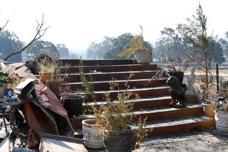 A staircase is seen standing amid a destroyed home on Winchester Street during the Clayton Fire at Lower Lake in California, U.S. August 16, 2016. REUTERS/Stephen Lam