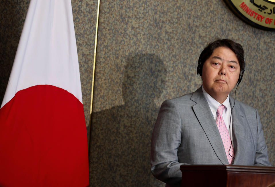 Japan's Foreign Minister Yoshimasa Hayashi attends a press conference with Egyptian Foreign Minister Sameh Shoukry (not pictured) in Cairo, Egypt September 5, 2023. REUTERS/Mohamed Abd El Ghany