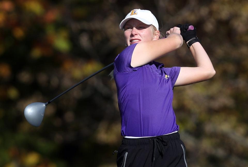 Lexington's Darcie Reinhart tees off during the OHSAA Girls Division I Golf State Tournament on Oct. 22 at The Ohio State University Golf Club in Columbus.