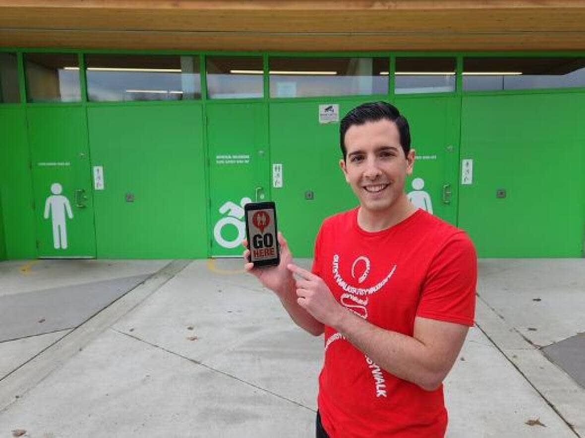 Matthew Sebastiani of Crohn's and Colitis Canada says the GoHere app connects people living with inflammatory bowel diseases to accessible public washrooms. Coquitlam is the first municipality in B.C. to list its public facilities on the app. (City of Coquitlam - image credit)