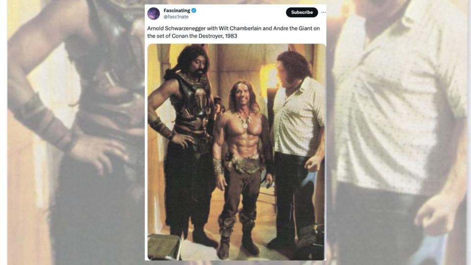 Esta es una foto real de Arnold Schwarzenegger junto a Wilt Chamberlain y André el Gigante