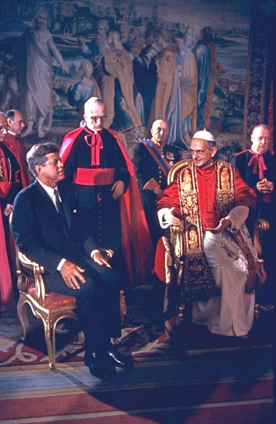 FILE - In this file photo, taken on July 3, 1963, President Kennedy is shown at the Vatican in an audience with Pope Paul VI. Pope Francis has approved a miracle credited to the intercession of Paul VI and set the date for the late pontiff's beatification for Oct. 19, the Vatican said Saturday. Francis had authorized the beatification, the last formal step before possible sainthood, a day earlier, the Vatican said. Paul VI, who reigned as pontiff from 1963-1978, made landmark progress in improving Catholics' relationship with other Christians. His papacy is also remembered by his decision, after years of study, to ban contraception for Catholics, in a 1968 encyclical, "Humanae Vitae" ("of human life"). (AP Photo)