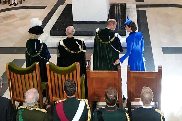 <p>Peter Byrne - Pool/Getty Images</p> Queen Camilla, King Charles, Kate Middleton and Prince William at the National Service of Thanksgiving and Dedication at St Giles' Cathedral in Edinburgh on July 5.