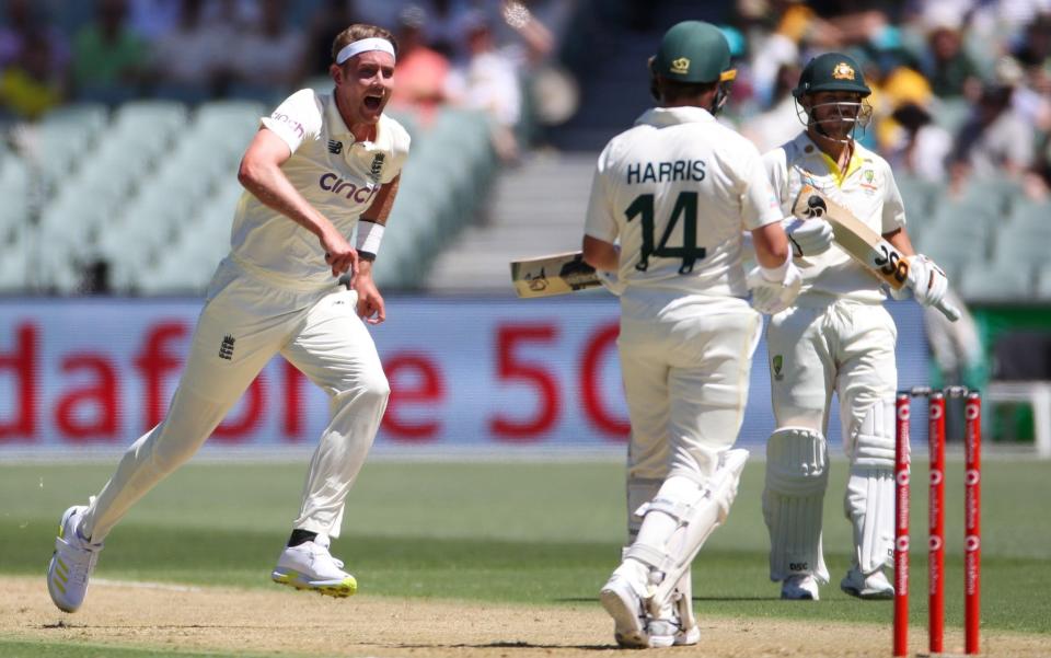 Stuart Broad of England celebrates the wicket of Marcus Harris of Australia on day one of the Second Ashes Test between Australia and England at the Adelaide Oval, Adelaide, Australia, 16 December 2021. - MATT TURNER/EPA-EFE/Shutterstock