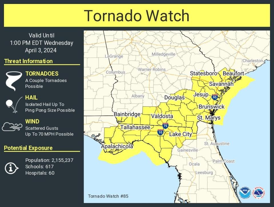A tornado watch has been issued for parts of Florida, Georgia and South Carolina until 1 p.m. April 3, 2024.