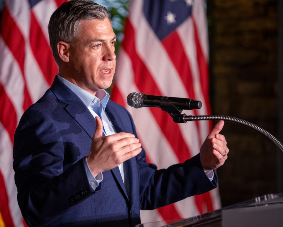 Rep. Jim Banks speaks in Indianapolis on Monday, Nov. 6, 2023, during a town hall-style meeting to discuss PublicSquare, which dubs itself as an “anti-woke” shopping app. Rep. Jim Banks is seeking a U.S. Senate seat during next year's elections.