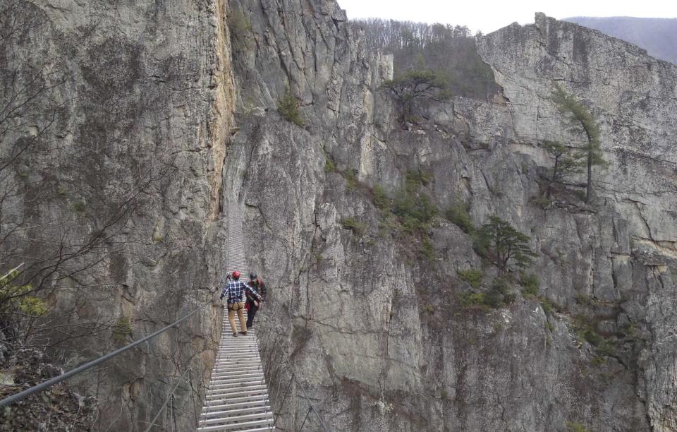 FILE - In this March 24, 2015 photo, Matt Karlson, right, supervisor for the NROCKS Outdoor Center and Chris Ward, operations manager for the center, walk across a suspension bridge that stretches 200 feet between rock formations at 150 feet above ground in Circleville, W.Va. A West Virginia bill approved by the House of Delegates on Tuesday, Feb. 13, 2024, that limits counties from regulating agricultural operations is stoking fears that a logging company could resurrect plans to build a toxic-spewing fumigation facility in the picturesque Allegheny Mountains. It is unknown whether Republican Gov. Jim Justice plans to sign the bill. (AP Photo/ Jonathan Drew, File)