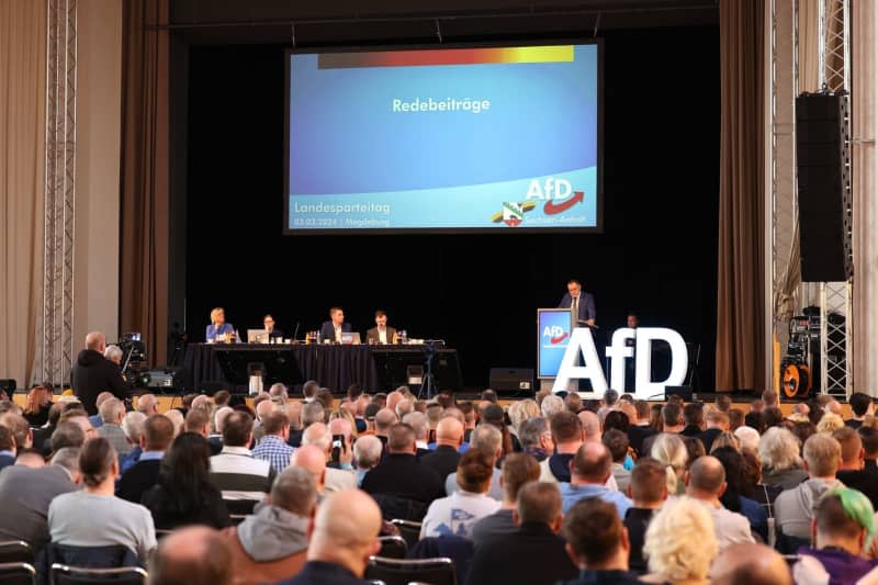 Tino Chrupalla, Federal Chairman of the Alternative for Germany (AfD) party, speaks at the state party conference of the AfD Saxony-Anhalt in Magdeburg. Peter Gercke/dpa-Zentralbild/dpa