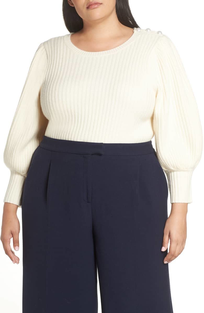 <strong>Sizes</strong>: XS to 3X&lt;br&gt;<br /><strong><a href="https://shop.nordstrom.com/s/halogen-x-atlantic-pacific-balloon-sleeve-wool-cashmere-sweater/5019546?origin=category-personalizedsort&amp;breadcrumb=Home%2FWhat%27s%20Now%2FHalogen%20x%20Atlantic-Pacific%2FAll%20Halogen%20x%20Atlantic-Pacific&amp;color=ivory%20pristine" target="_blank" rel="noopener noreferrer">Get it at Nordstrom</a></strong> (plus sizes <strong><a href="https://shop.nordstrom.com/s/halogen-x-atlantic-pacific-balloon-sleeve-wool-cashmere-sweater-plus-size/5019621?origin=category-personalizedsort&amp;breadcrumb=Home%2FWhat%27s%20Now%2FHalogen%20x%20Atlantic-Pacific%2FAll%20Halogen%20x%20Atlantic-Pacific&amp;color=ivory%20pristine" target="_blank" rel="noopener noreferrer">here</a></strong>), $189.