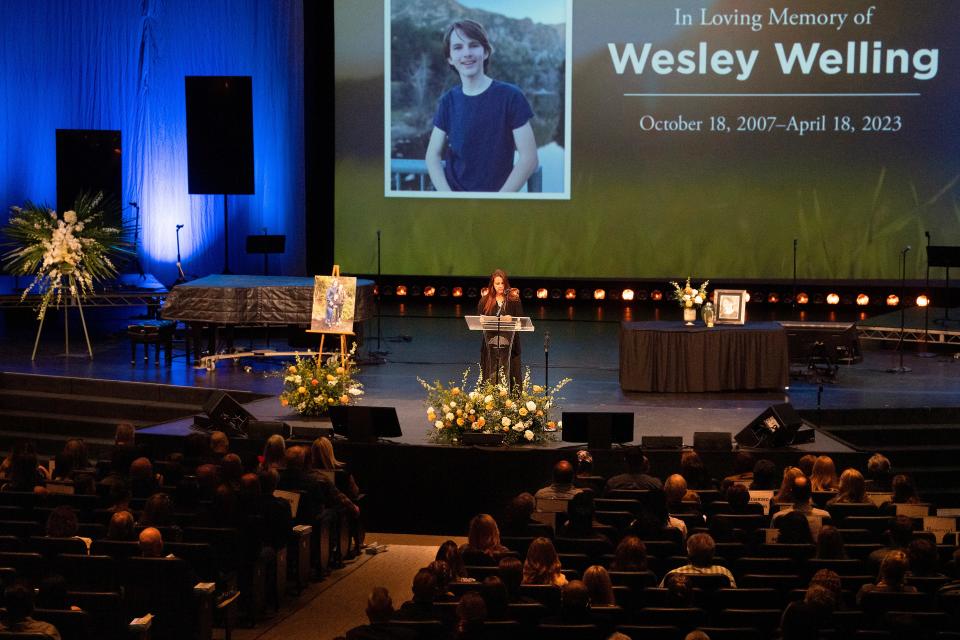 Kelly Welling speaks during a memorial service for her son, Wesley, at Calvary Community Church in Westlake Village on Saturday. The 15-year-old was killed in April when a driver struck several students at a bus stop near Westlake High School.