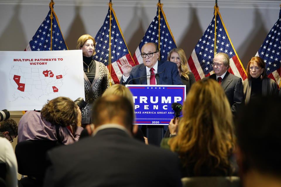 Former Mayor of New York Rudy Giuliani, a lawyer for President Donald Trump, speaks during a news conference at the Republican National Committee headquarters, Thursday Nov. 19, 2020, in Washington. (AP Photo/Jacquelyn Martin)