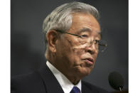 FILE - Toyota's Shoichiro Toyoda makes remarks at the Woodrow Wilson Center for Scholars in Washington, Wednesday, Sept. 12, 2007, during a forum on the Toyota Motor Corp. and the U.S., past and future. Toyoda, who as a son of the company's founder oversaw Toyota's expansion into international markets has died. He was 97. (AP Photo/Lawrence Jackson, File)