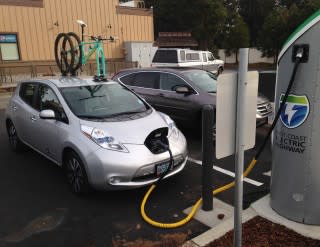 Nissan Leaf at West Coast Electric Highway charging station (Photo by Pine Mountain Sports)